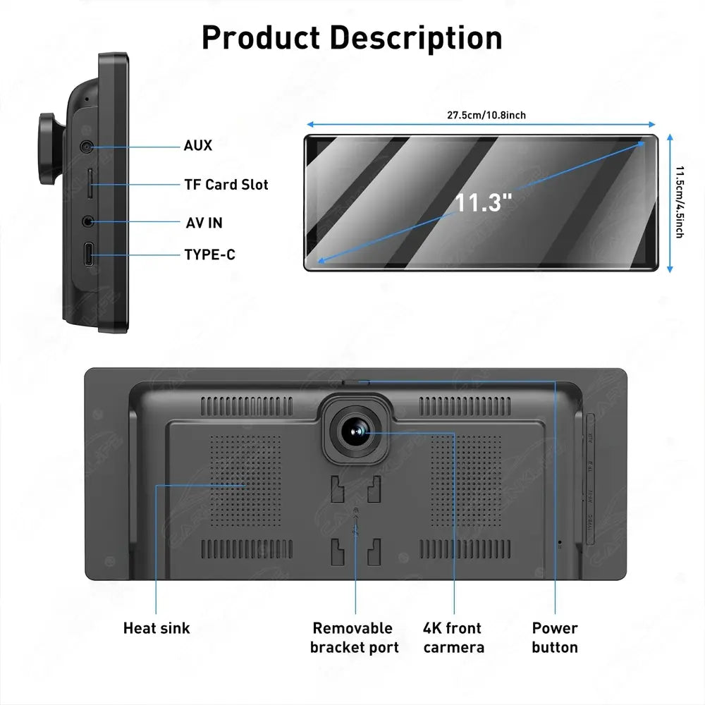 11.3" Wireless CarPlay & Android Auto Dash Cam 4K Dashboard Video Recorder Car Radio Portable Multimedia Player