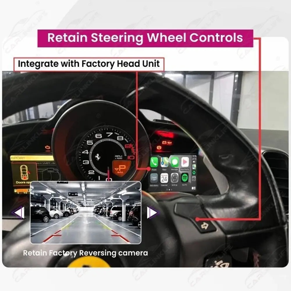 Wireless Apple Carplay & Android Auto for Ferrari 458 (F142) 488 (F142M) F12Berlinetta (F152) F8 (F142MFL) 812 Superfast (F152M) GTC4Lusso (F151M) Portofino (F164) Roma (F169) 296 (F171) SF90 (F173) California T (F149M) 2009-2025