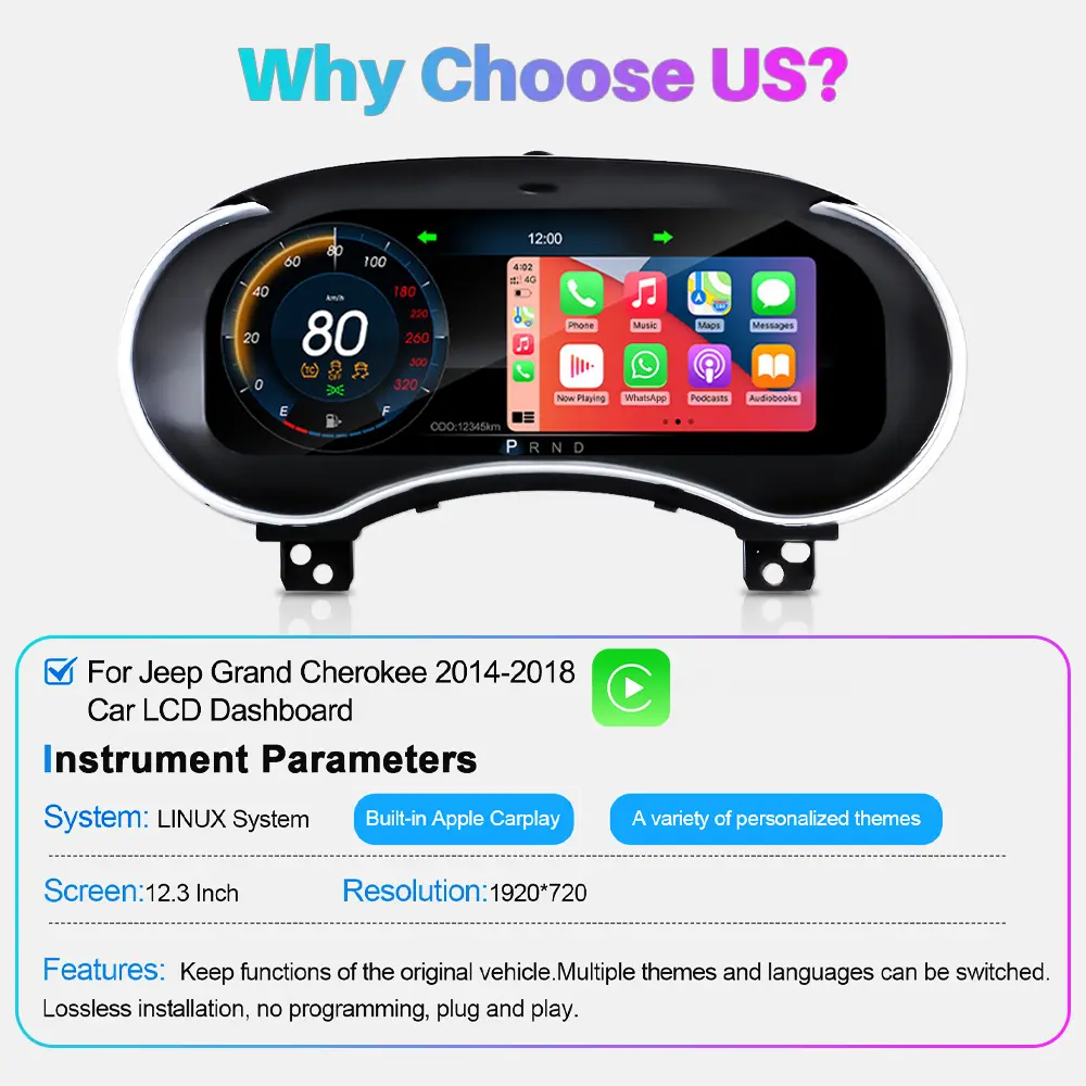 12.3" CarPlay LCD Digital Cluster For Jeep Grand Cherokee 2014-2018 Linux Dashboard Gauge Cluster
