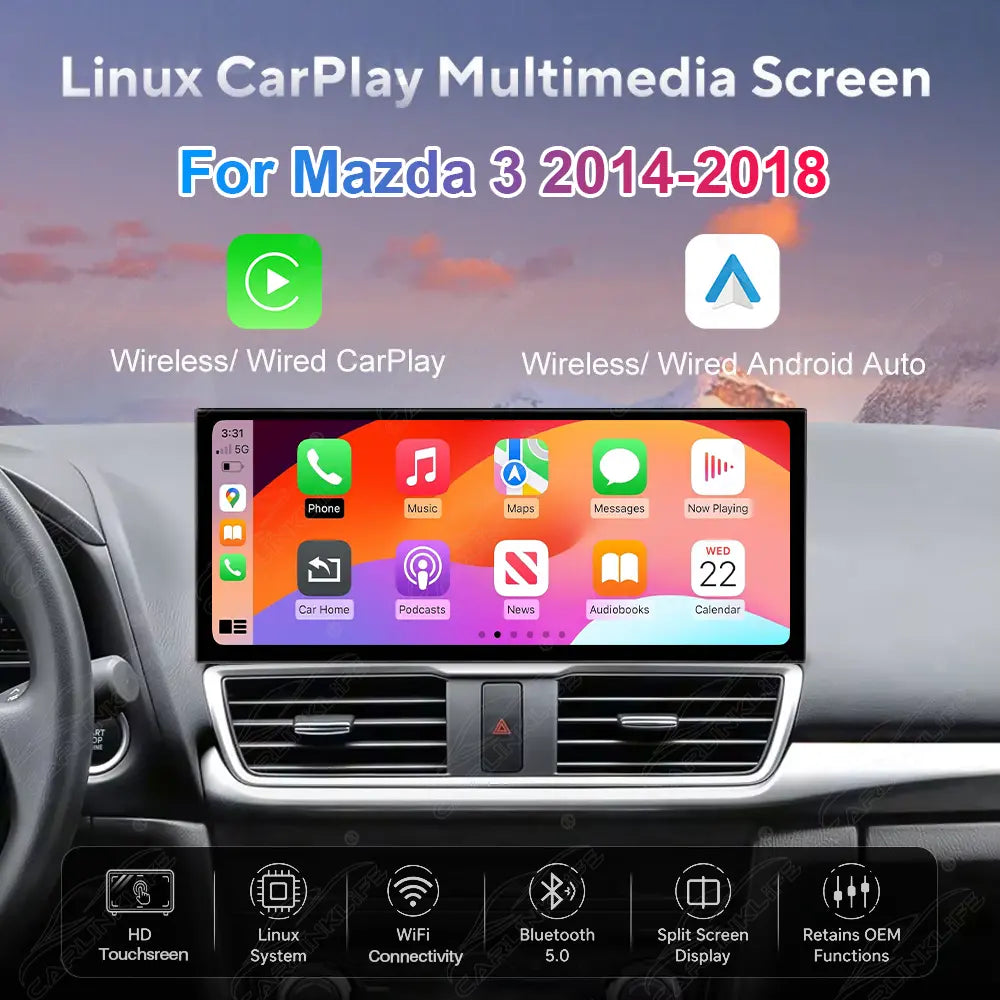 Mazda 3 (2014–2018) Linux Wireless CarPlay & Android Auto Screen Upgrade