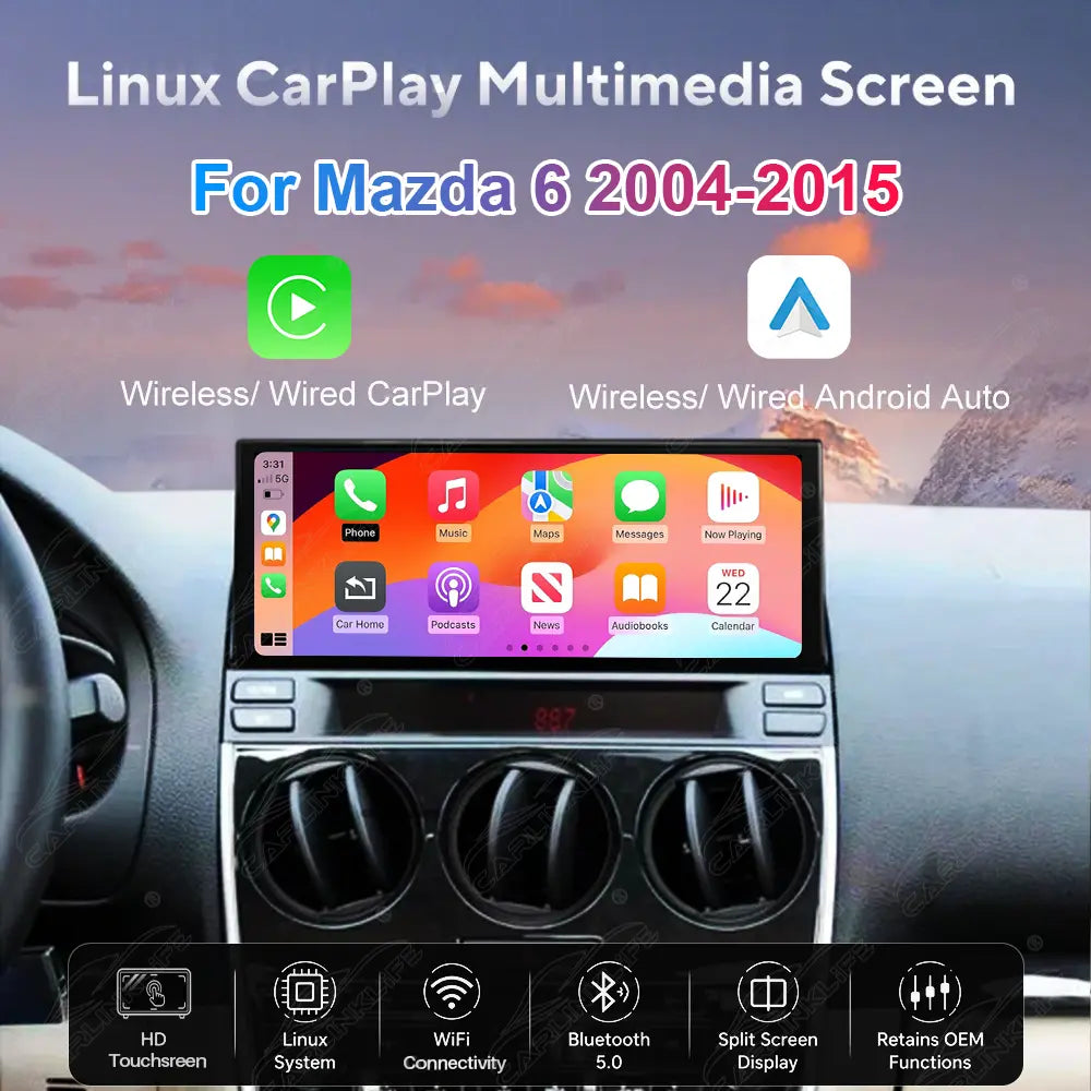 Mazda 6 (2004–2015) Linux Wireless CarPlay & Android Auto Screen Upgrade