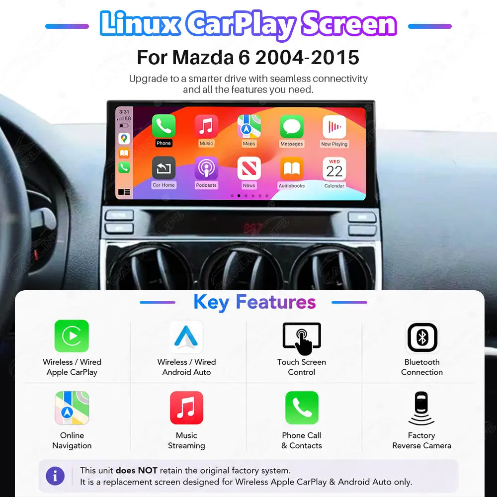 Mazda 6 (2004–2015) Linux Wireless CarPlay & Android Auto Screen Upgrade