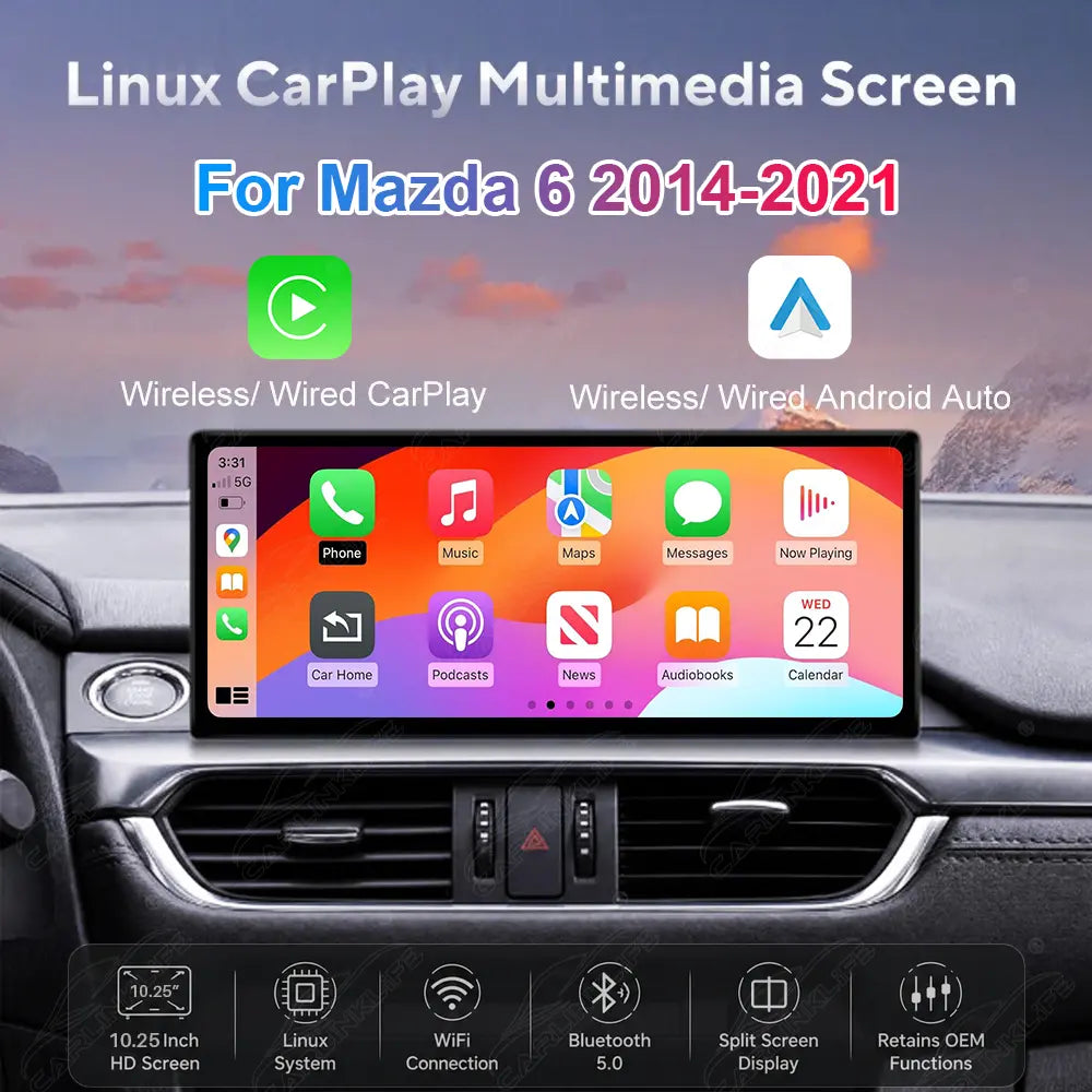 Mazda 6 (2014–2021) 10.25" Linux Wireless CarPlay & Android Auto Screen Upgrade