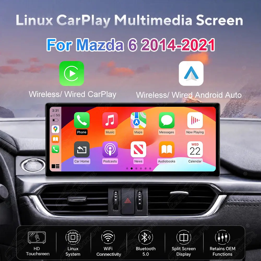 Mazda 6 (2014–2021) Linux Wireless CarPlay & Android Auto Screen Upgrade