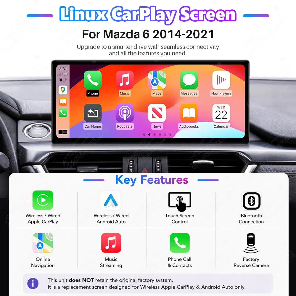 Mazda 6 (2014–2021) Linux Wireless CarPlay & Android Auto Screen Upgrade
