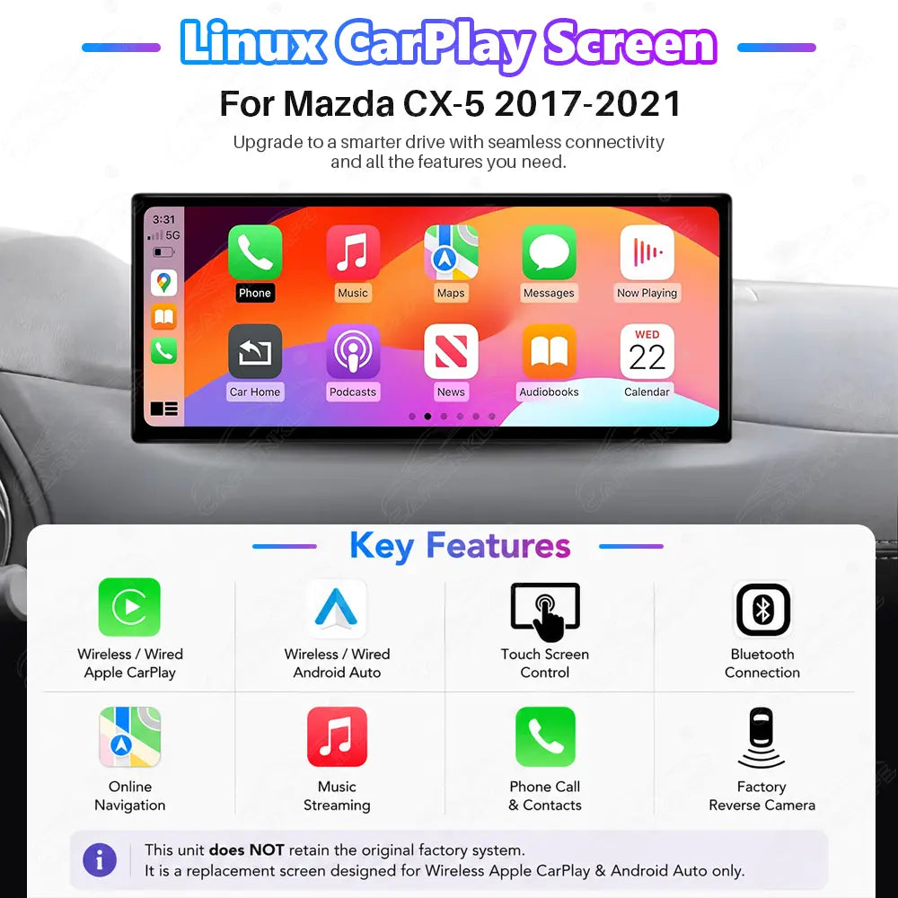 Mazda CX-5 (2017–2021) Linux Wireless CarPlay & Android Auto Screen Upgrade