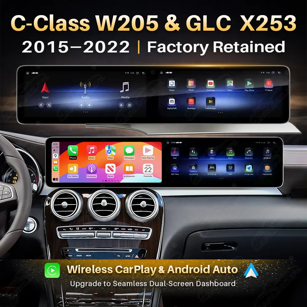 Mercedes-Benz C-Class W205 & GLC X253 (2015–2022) 24.6" Dual Screen Android Screen Upgrade | Wireless CarPlay & Android Auto | Retains OEM System