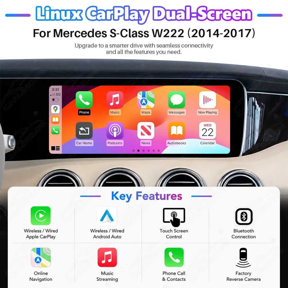 Mercedes-Benz S-Class W222 (2014–2017) 12.3" Linux Screen Upgrade | Wireless CarPlay & Android Auto | OEM Instrument Cluster Retained