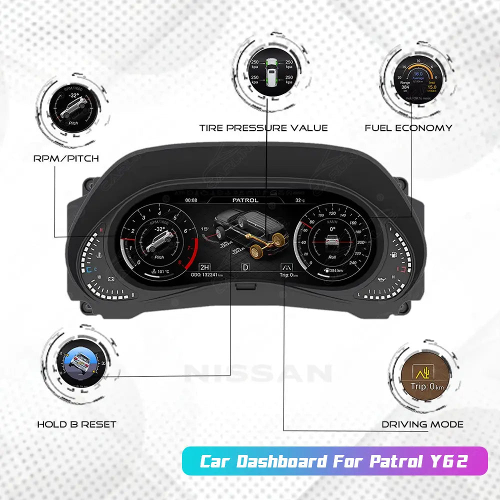 12.3" LCD Digital Cluster For Nissan Patrol Y62 2008-2022 Linux Dashboard Gauge Cluster