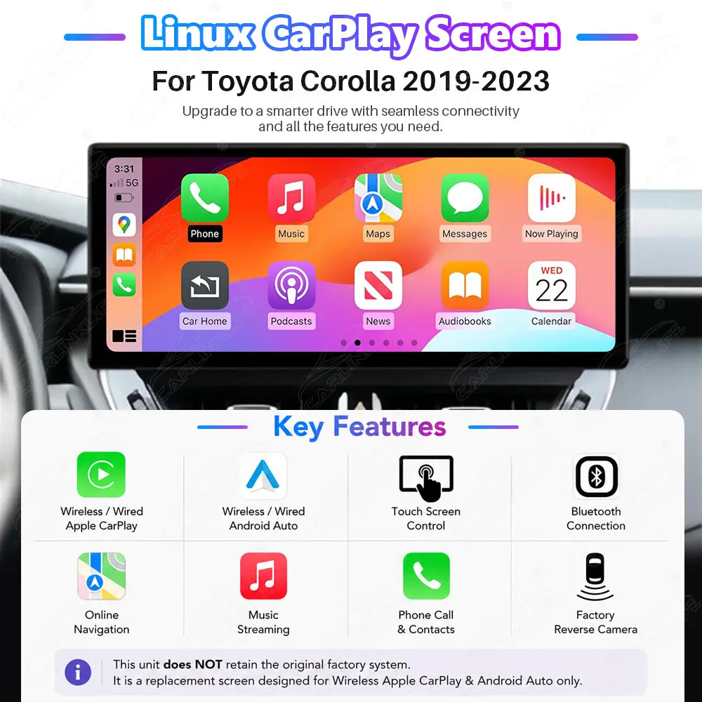 Toyota Corolla (2019–2023) Linux Wireless CarPlay & Android Auto Screen Upgrade