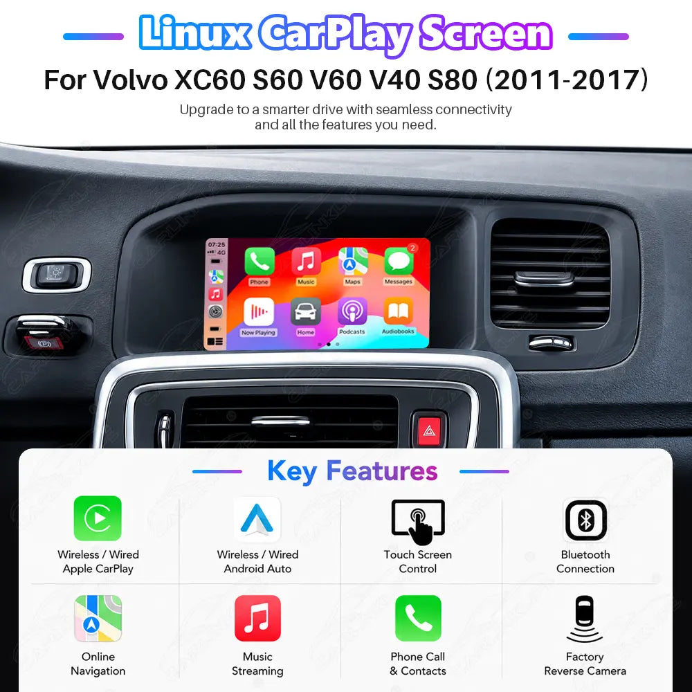 Volvo XC60 S60 V60 V40 S80 (2012–2017) 7" Linux Wireless CarPlay & Android Auto Screen Upgrade