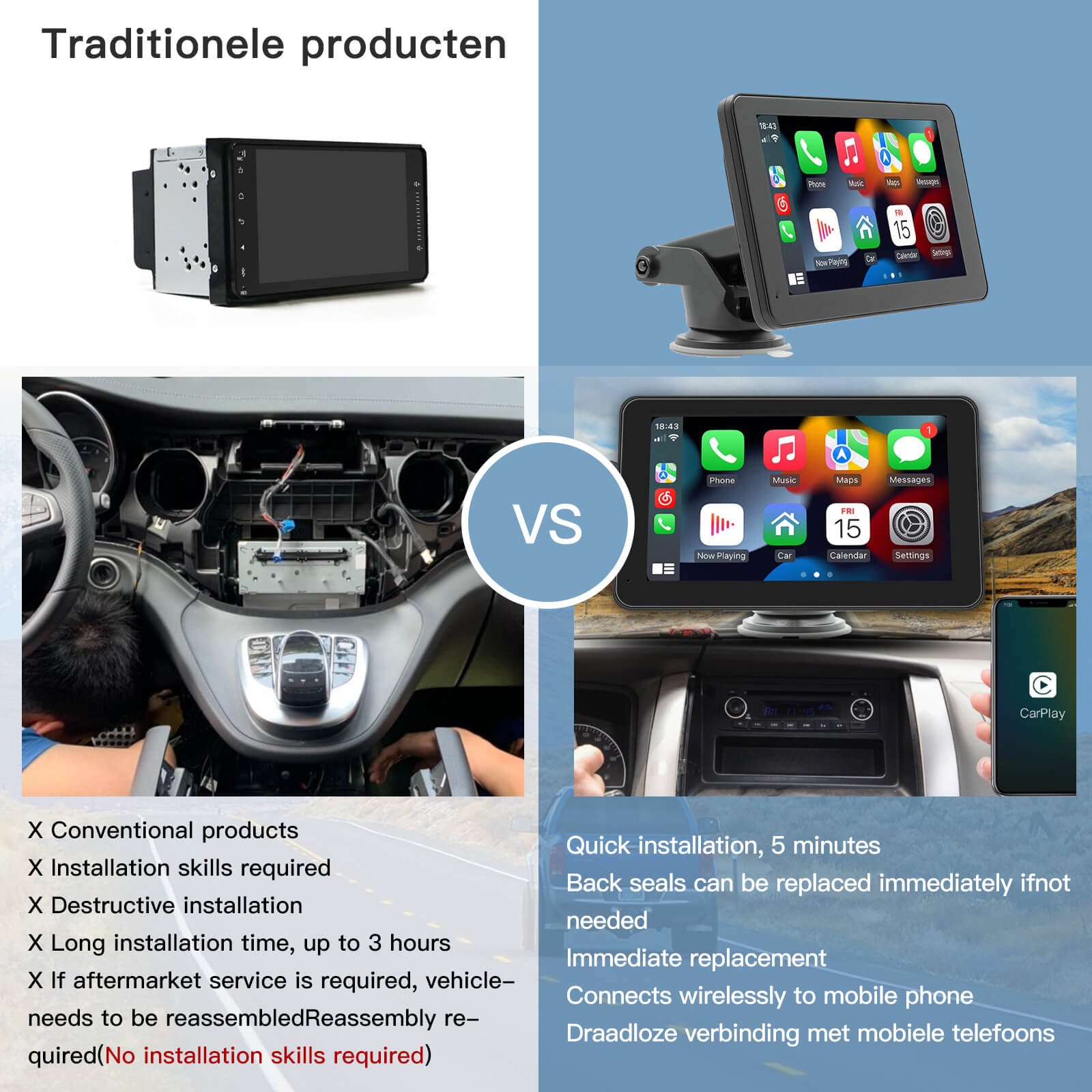 Carlinklife 7 Inch Wireless CarPlay Android Auto Touch Screen Car Radio Portable CarPlay Screen Multimedia Player