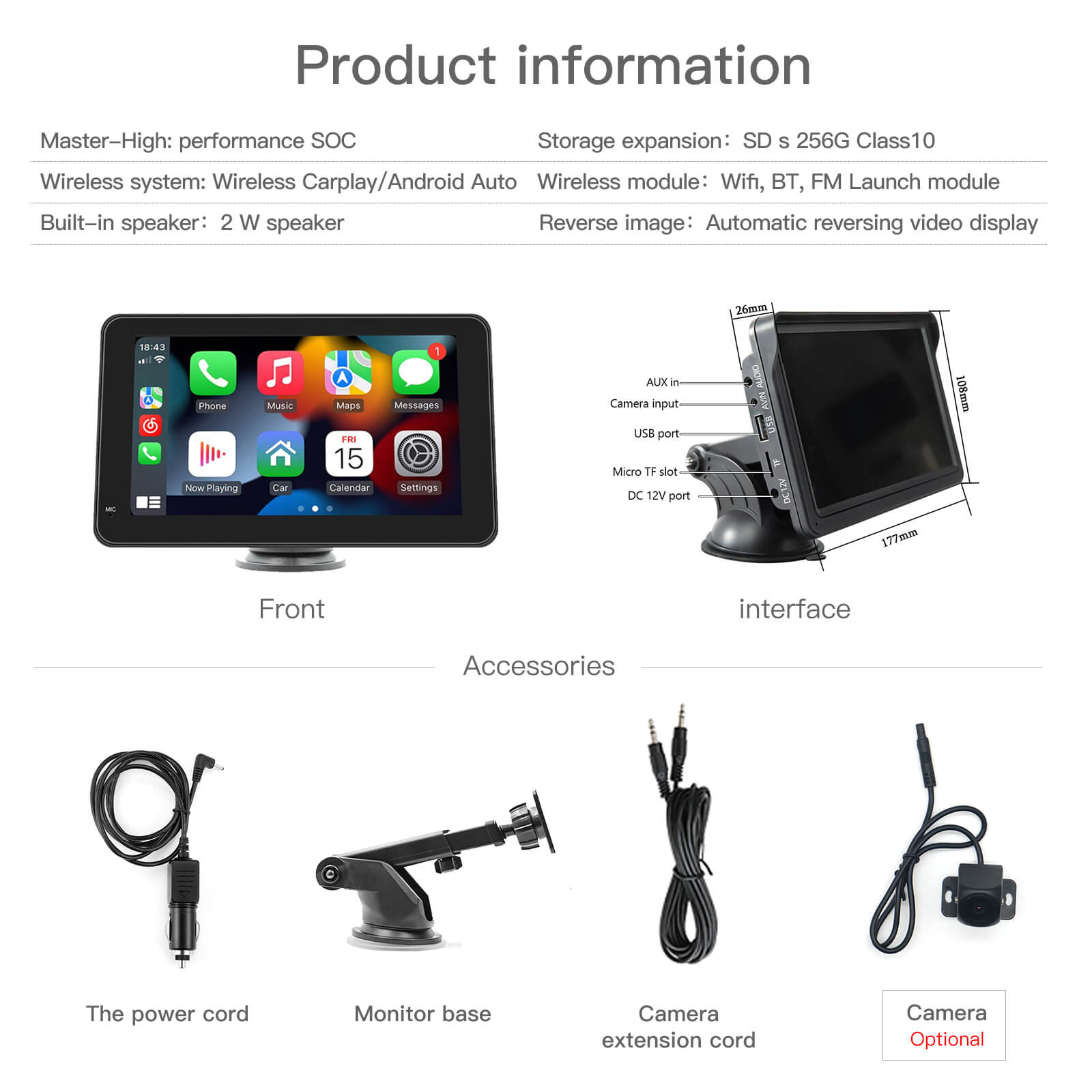 Carlinklife 7 Inch Wireless CarPlay Android Auto Touch Screen Car Radio Portable CarPlay Screen Multimedia Player