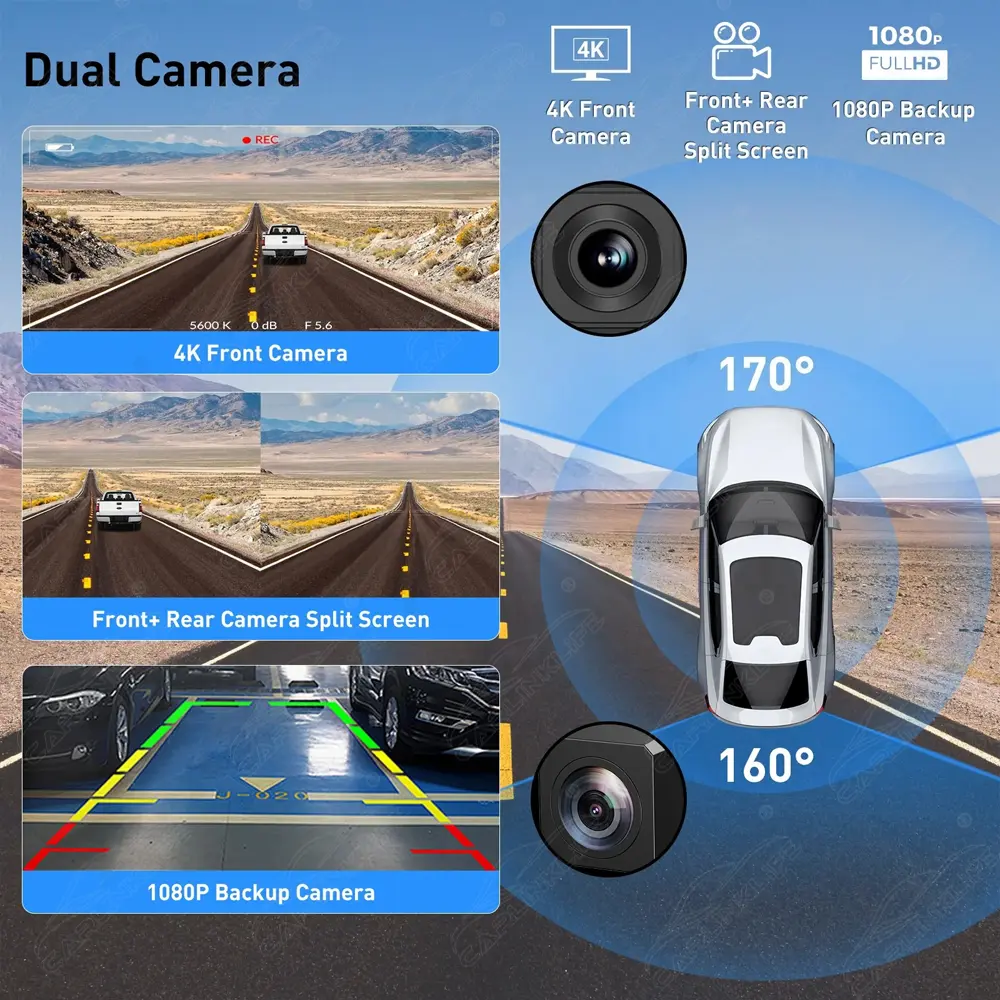 11.3" Wireless CarPlay & Android Auto Dash Cam 4K Dashboard Video Recorder Car Radio Portable Multimedia Player