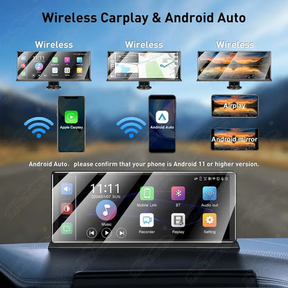 11.3" Wireless CarPlay & Android Auto Dash Cam 4K Dashboard Video Recorder Car Radio Portable Multimedia Player