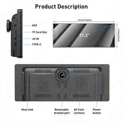 11.3" Wireless CarPlay & Android Auto Dash Cam 4K Dashboard Video Recorder Car Radio Portable Multimedia Player