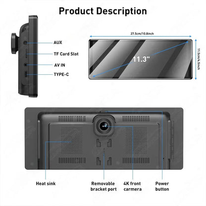 11.3" Wireless CarPlay & Android Auto Dash Cam 4K Dashboard Video Recorder Car Radio Portable Multimedia Player