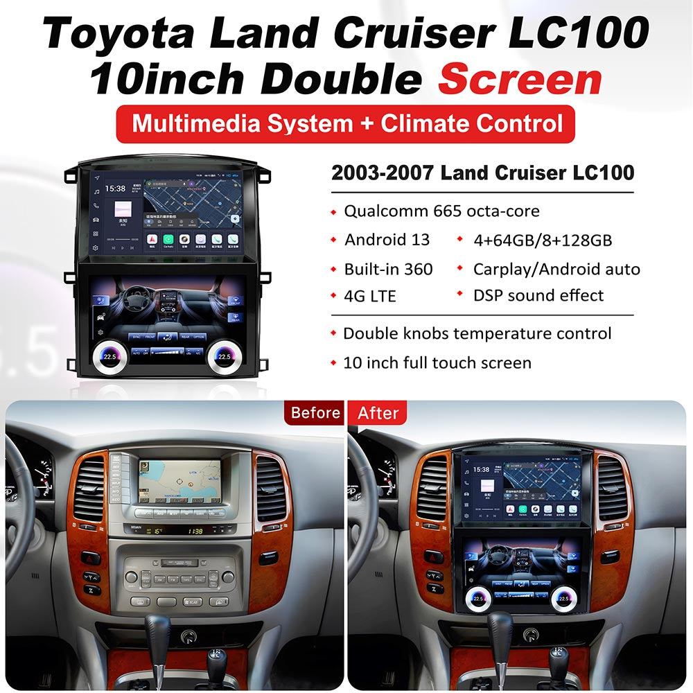 10 inch Android Car Radio for Toyota Land Cruiser LC100 2003-2007 Dual Screen Climate Control Panel Multimedia Player