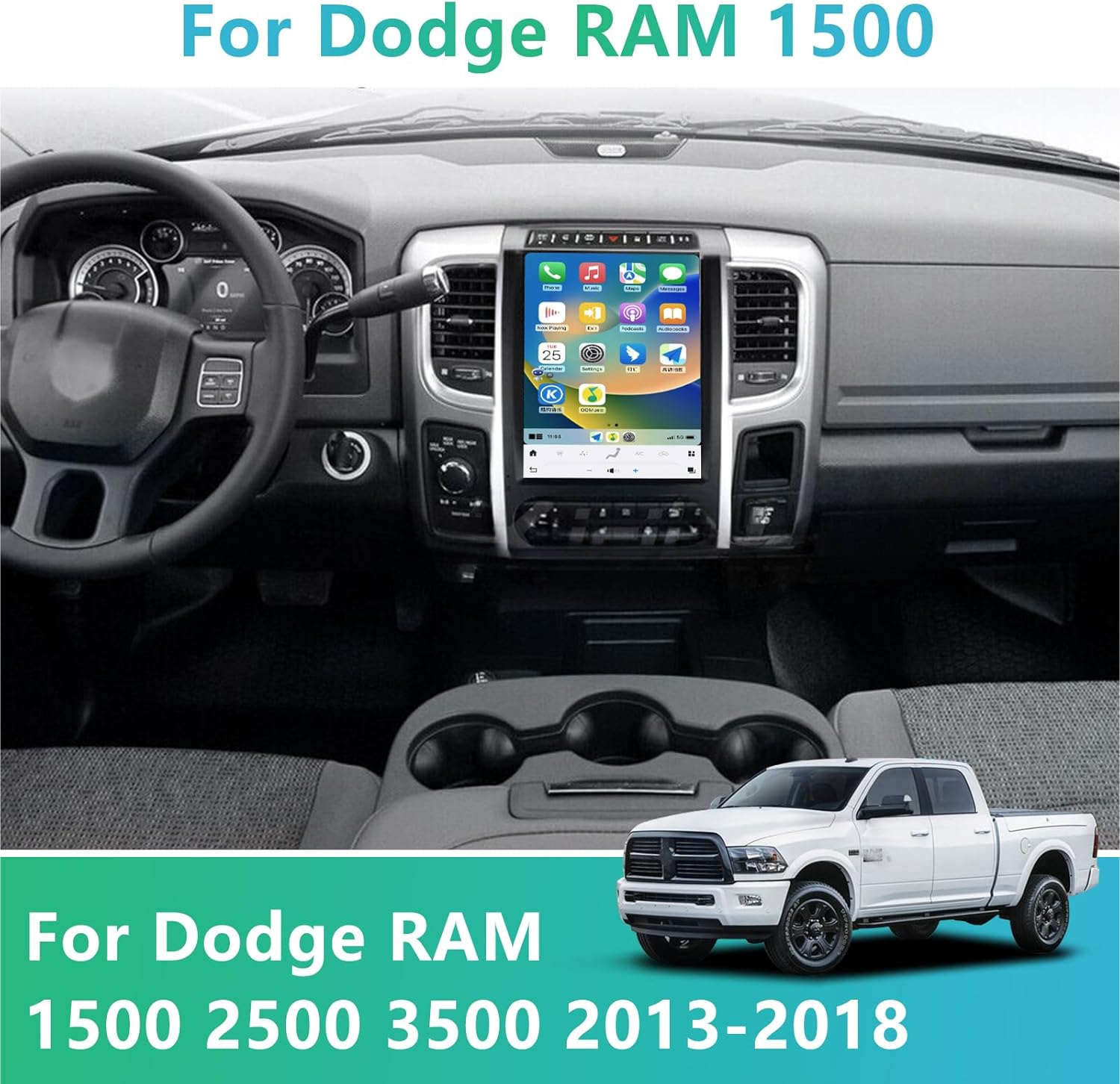 Dodge Ram 2013-2019 Stereo Replacement Tesla-Style 2K IPS Screen Built-in Carplay/Android Auto