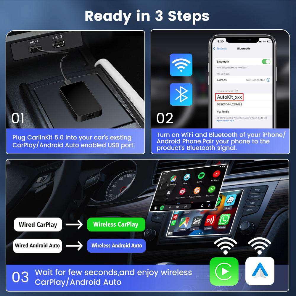 Carlinklife 5.0 2-in-1 Wireless CarPlay Android Auto Adapter for Cars with Factory Wired CarPlay & Wired Android Auto