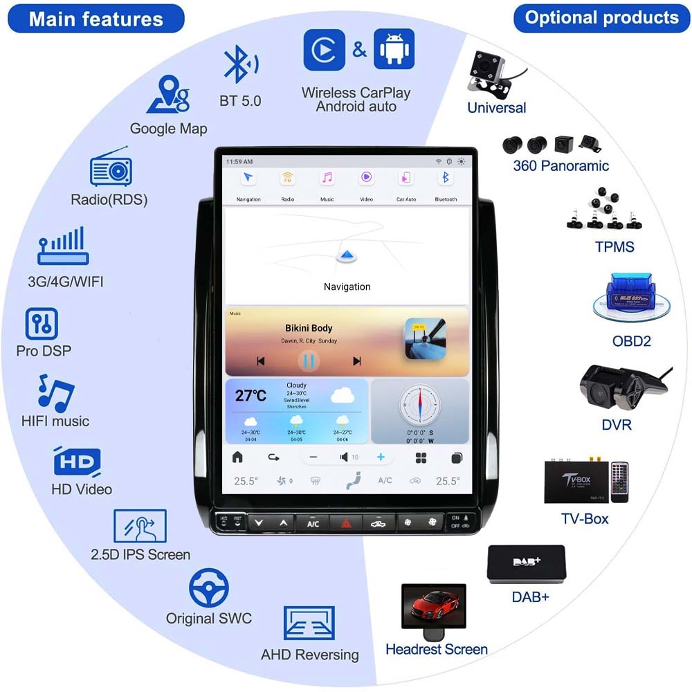 Android Car Radio for Toyota Tacoma 2005-2015 Stereo Upgrade Tesla-Style Screen Built-in Carplay/Android Auto