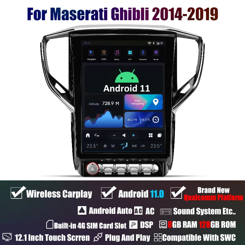 12.1 inch Android Car Radio for Maserati Ghibli 2014-2019 Stereo Replacement Tesla-Style Screen Built-in Carplay/Android Auto