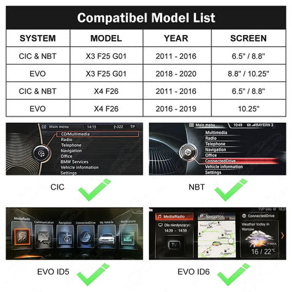 Wireless Apple Carplay & Android Auto for BMW X3 F25 G01 X4 F26
