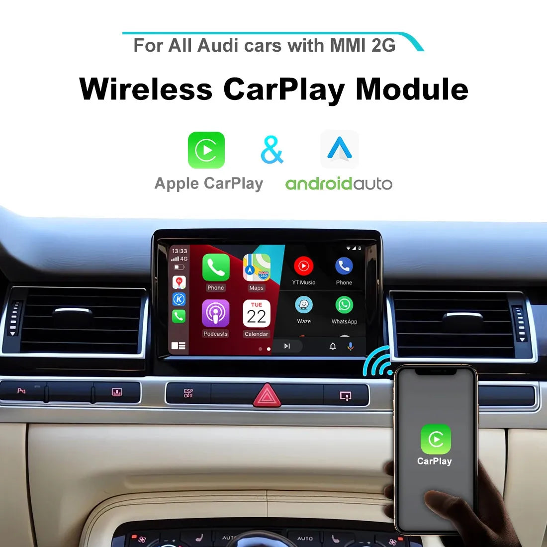 Wireless Apple Carplay & Android Auto Module For Audi A4 A5 A6 A7 A8 Q5 Q7 2005-2009 OEM Screen Upgrade Kit