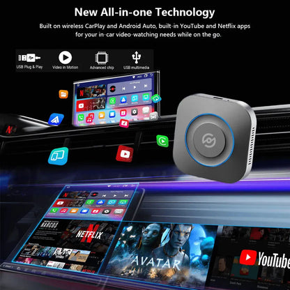 Carlinklife Magic Box - Wireless CarPlay/ Android Auto Adapter with Netflix, YouTube, GPS Navigation, Play U-Disk, HDMI - CP2Video TV AI Box