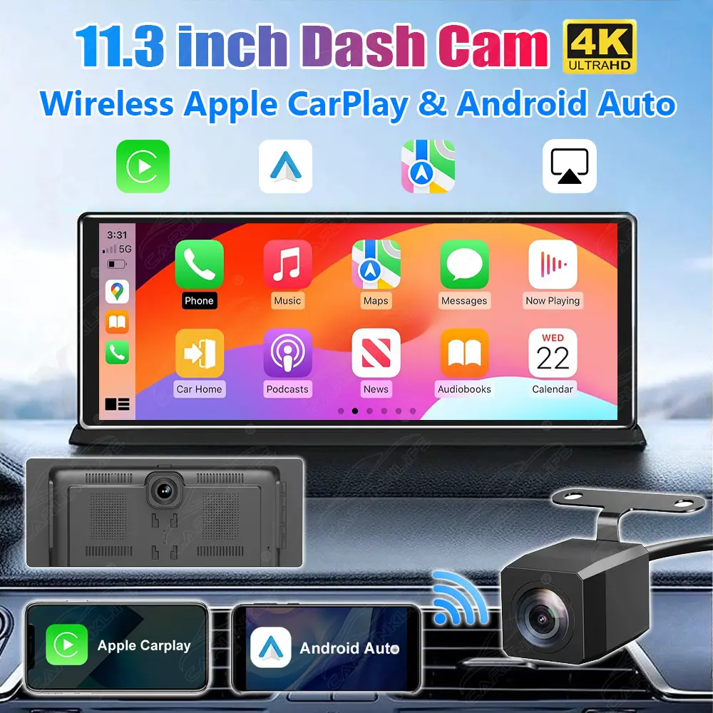 11.3" Wireless CarPlay & Android Auto Dash Cam 4K Dashboard Video Recorder Car Radio Portable Multimedia Player