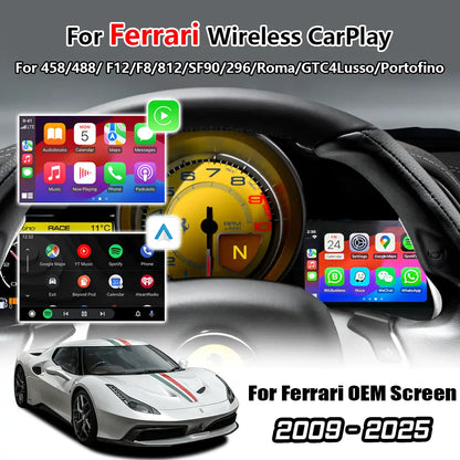 Wireless Apple Carplay & Android Auto for Ferrari 458 (F142) 488 (F142M) F12Berlinetta (F152) F8 (F142MFL) 812 Superfast (F152M) GTC4Lusso (F151M) Portofino (F164) Roma (F169) 296 (F171) SF90 (F173) California T (F149M) 2009-2025