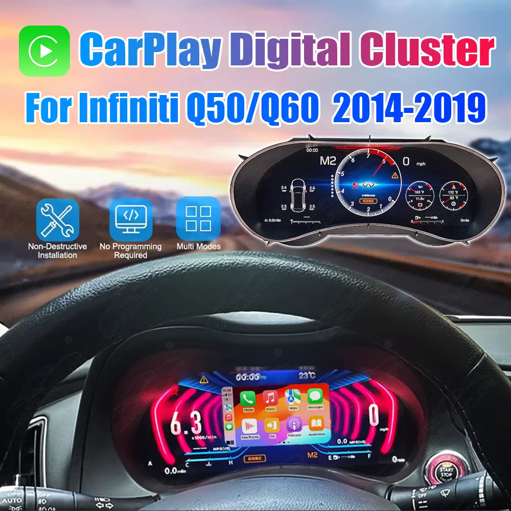 12.3” CarPlay LCD Digital Cluster For Infiniti Q50 Q60 2014-2019 Linux Dashboard Gauge Cluster