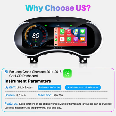 12.3" CarPlay LCD Digital Cluster For Jeep Grand Cherokee 2014-2018 Linux Dashboard Gauge Cluster