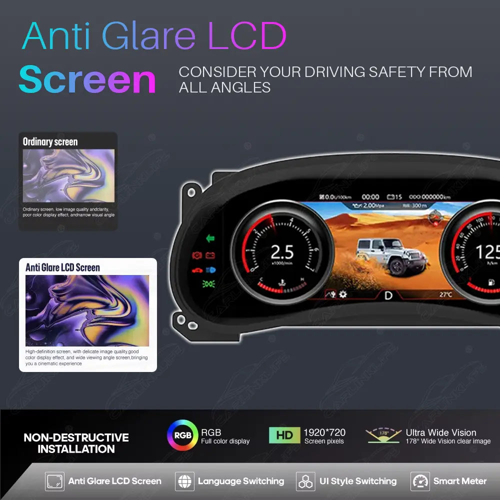 12.3" LCD Digital Cluster For Jeep Wrangler JK 2011-2017 Linux Dashboard Gauge Cluster