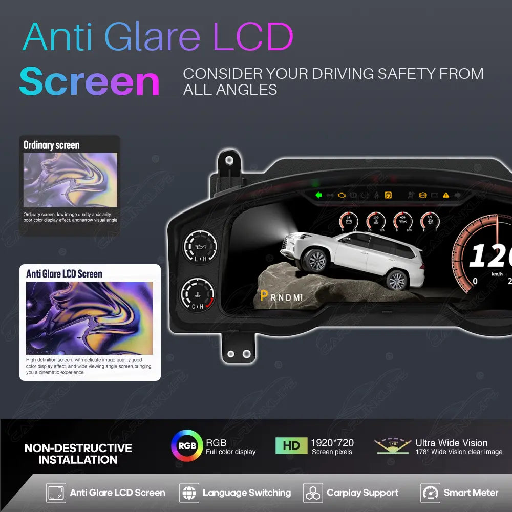 12.3" CarPlay LCD Digital Cluster For Lexus LX570 2016-2021 Linux Dashboard Gauge Cluster