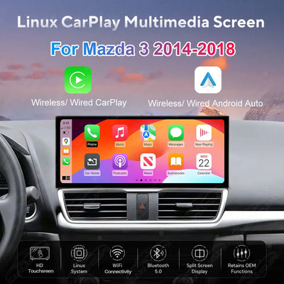 Mazda 3 (2014–2018) Linux Wireless CarPlay & Android Auto Screen Upgrade