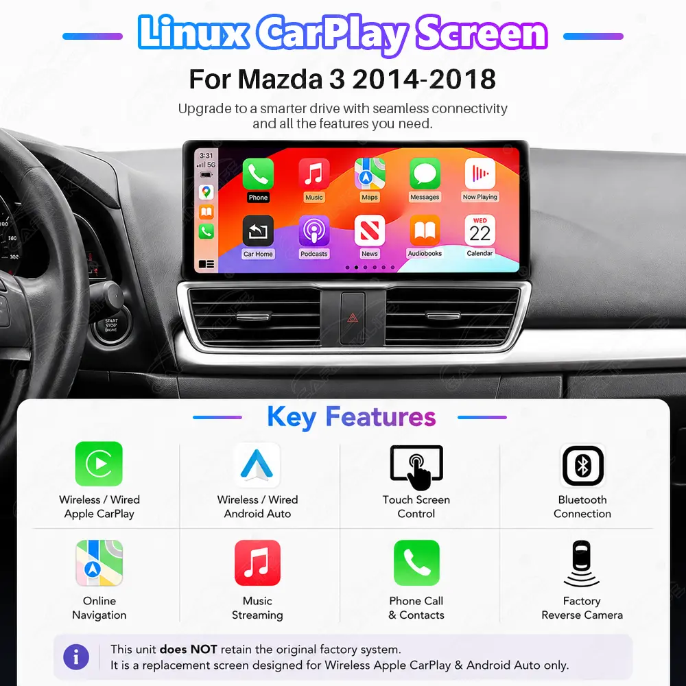 Mazda 3 (2014–2018) Linux Wireless CarPlay & Android Auto Screen Upgrade