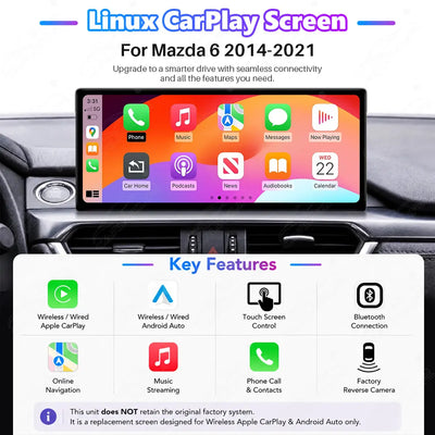 Mazda 6 (2014–2021) Linux Wireless CarPlay & Android Auto Screen Upgrade
