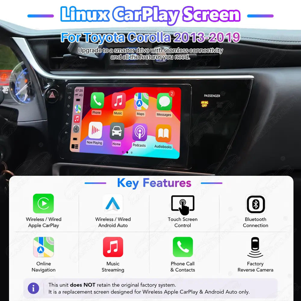 Toyota Corolla (2013–2019) 9" Linux Wireless CarPlay & Android Auto Screen Upgrade