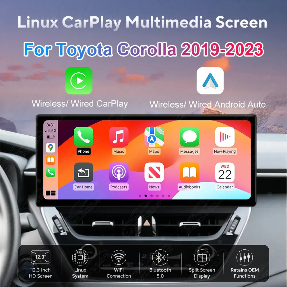 Toyota Corolla (2019–2023) 12.3" Linux Wireless CarPlay & Android Auto Screen Upgrade