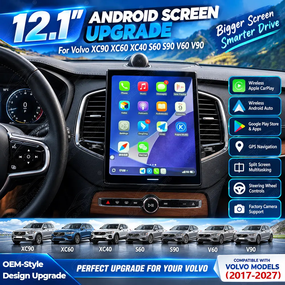 Volvo XC90 XC60 XC40 S60 S90 V60 V90 (2017-2027) 12.1" Android Car Screen Upgrade with Wireless CarPlay & Android Auto