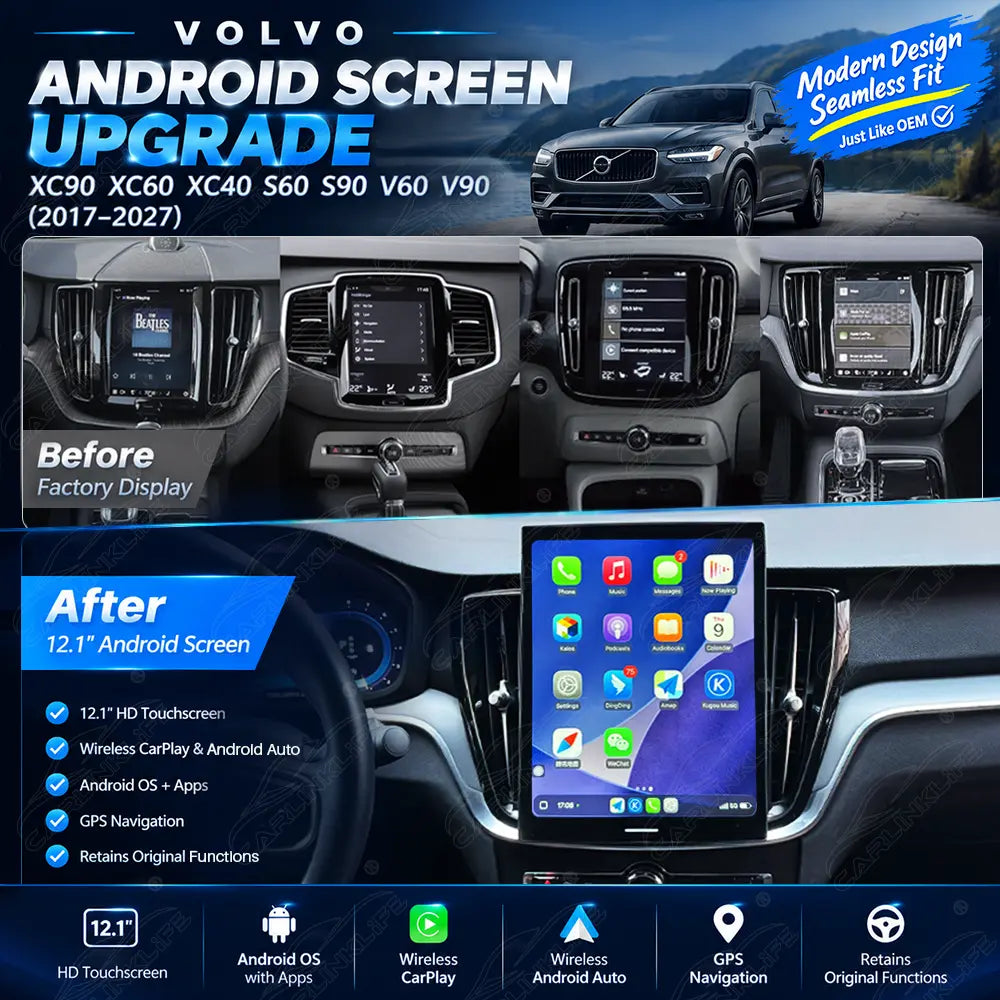 Volvo XC90 XC60 XC40 S60 S90 V60 V90 (2017-2027) 12.1" Android Car Screen Upgrade with Wireless CarPlay & Android Auto