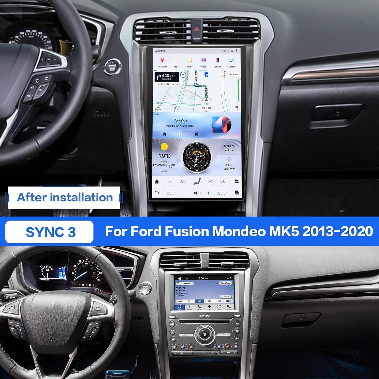 Ford Fusion Mondeo 2013-2020 Stereo Replacement Tesla Style Screen Built-in Carplay/Android Auto