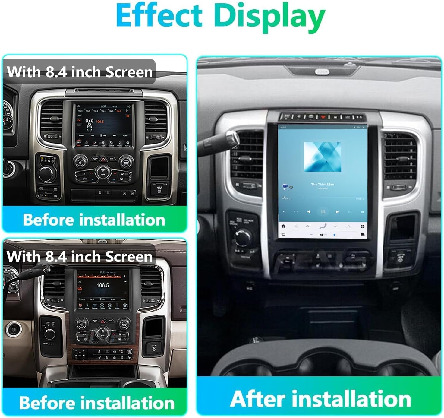 Dodge Ram 2013-2019 Stereo Replacement Tesla-Style 2K IPS Screen Built-in Carplay/Android Auto