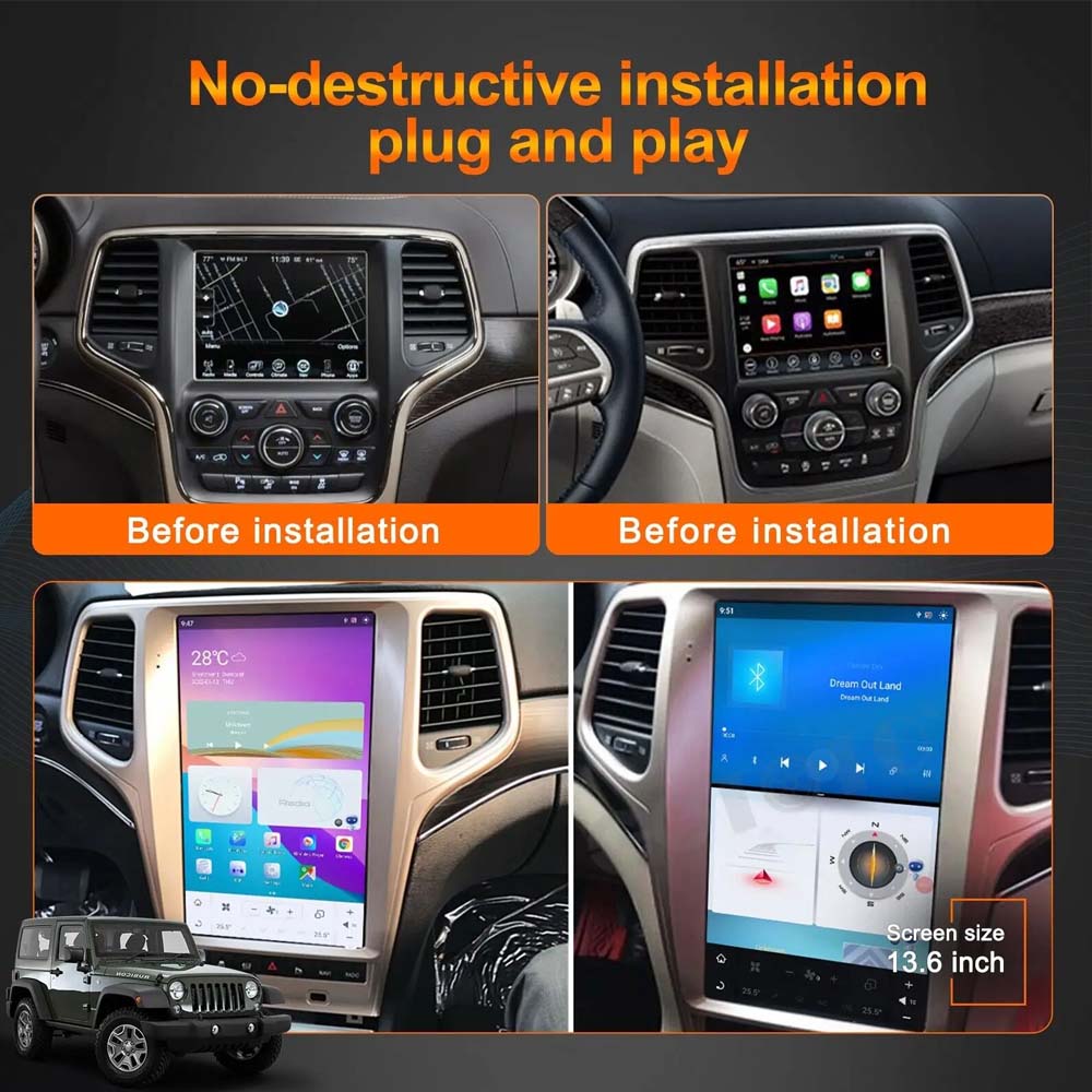 13.6 inch Jeep Grand Cherokee 2014-2022 Tesla-Style Multimedia Player GPS Navigation Wireless CarPlay Android Auto