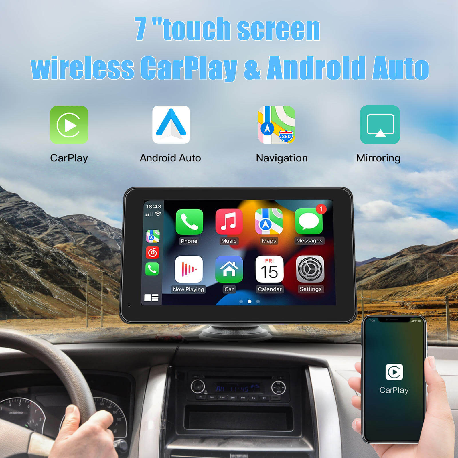 Carlinklife 7 Inch Wireless CarPlay Android Auto Touch Screen Car Radio Portable CarPlay Screen Multimedia Player