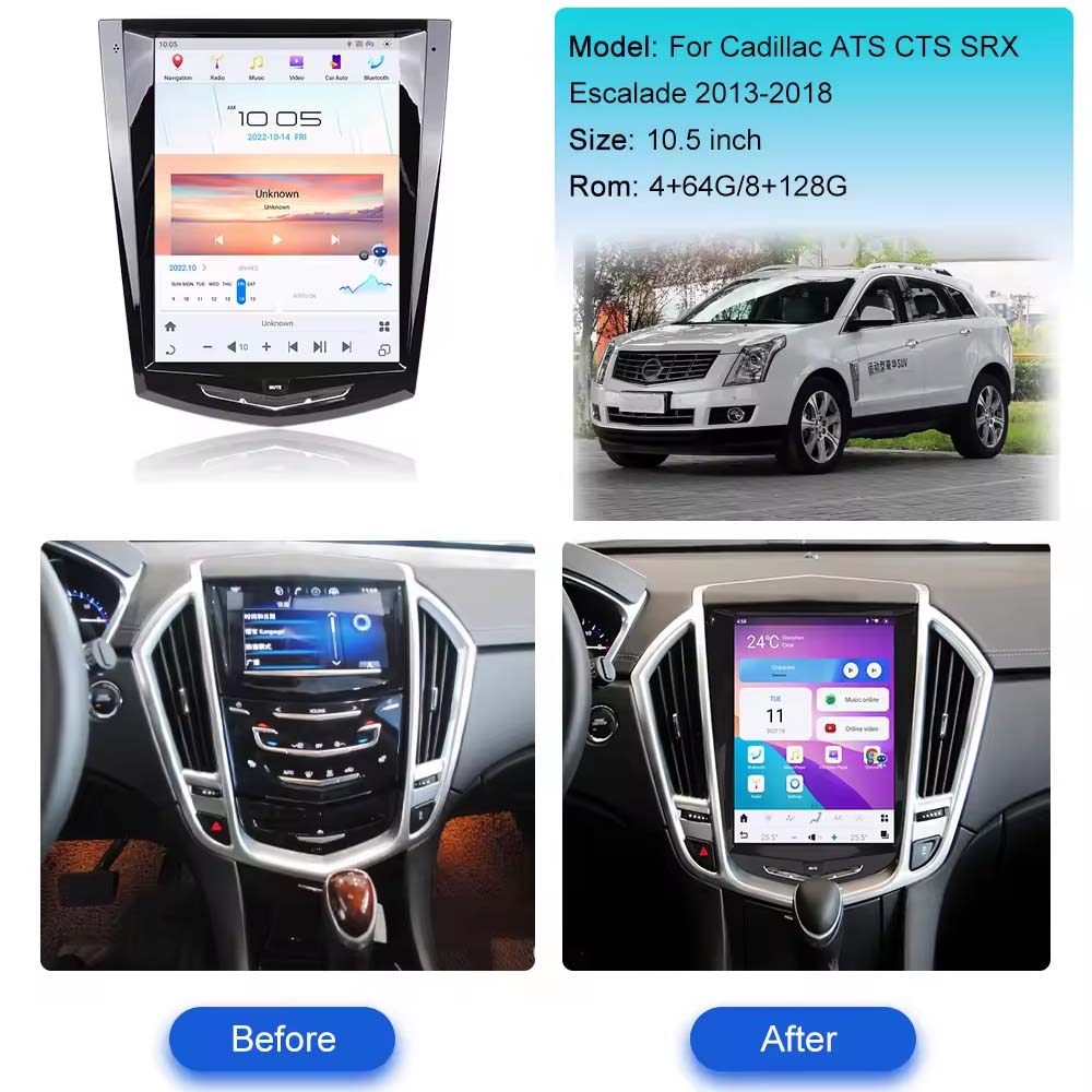 10.5 inch Car Radio for Cadillac ATS CTS XTS SRX Escalade 2013-2018 Stereo Upgrade Tesla-Style Screen Built-in CarPlay