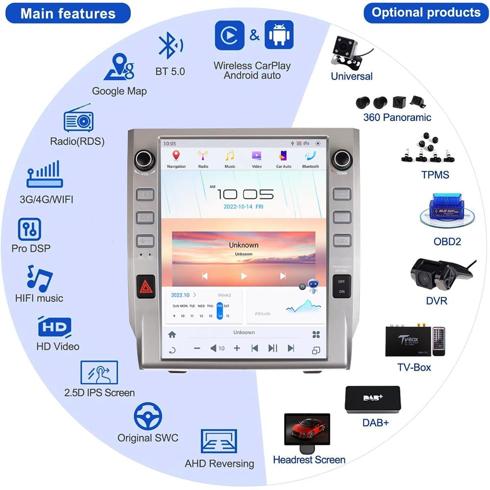 12.1 inch Android Car Radio for Toyota Tundra 2014-2019 Stereo Replacement Tesla-Style Screen Built-in Carplay/Android Auto