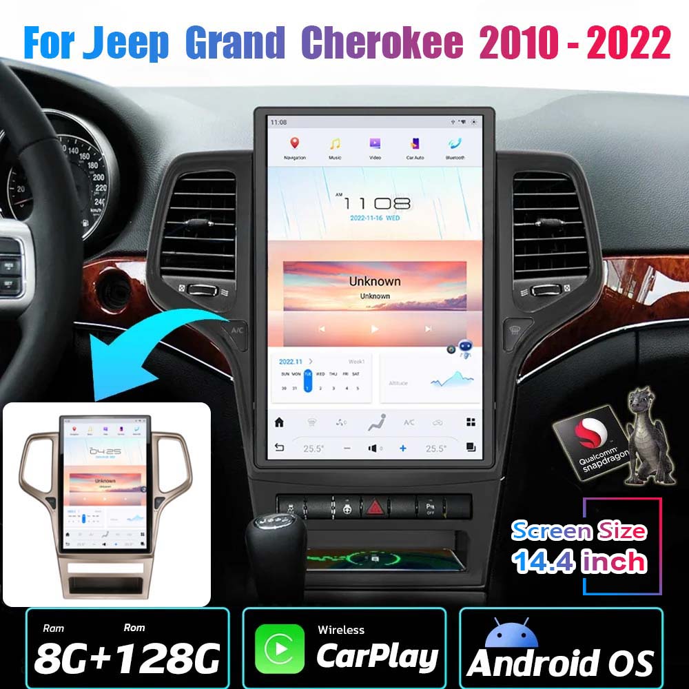 14.4 inch Jeep Grand Cherokee 2010-2022 Tesla-Style Multimedia Player GPS Navigation Wireless CarPlay Android Auto