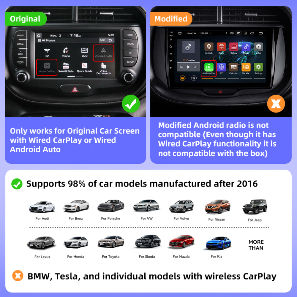 Carlinklife 5.0 2-in-1 Wireless CarPlay Android Auto Adapter for Cars with Factory Wired CarPlay & Wired Android Auto